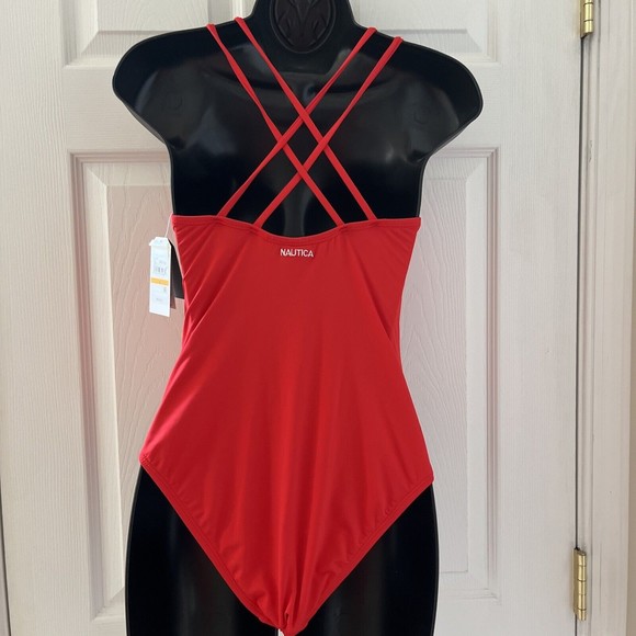 NAUTICA Slimming Swim Suit One Piece Scoop Neck Ruched Back Straps Red Womens S - Picture 4 of 12